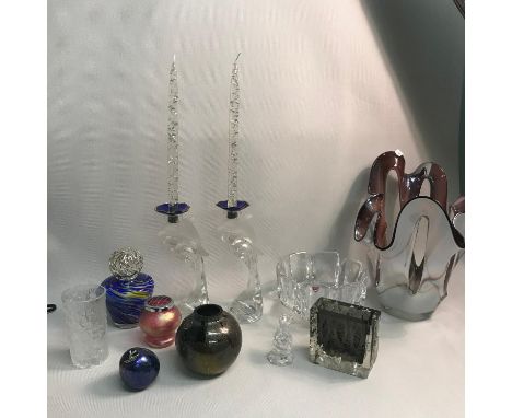 A Collection of Art glass and crystal to include Orrefors Corona clear crystal bowl, White Friars block vase, Adrian Sankey A