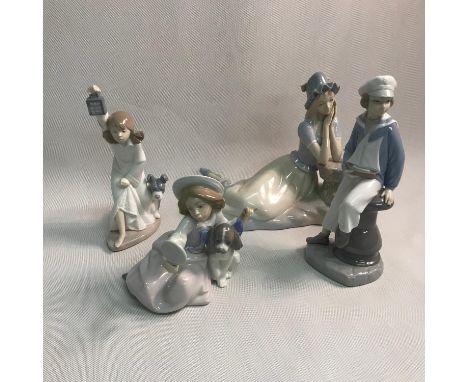 A Lot of four Lladro, Nao and large Valencia figurines. To include Lladro Girl with dog, Lladro Navy Boy and Nao girl in a ni
