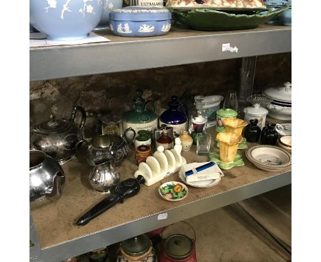 A Shelf of collectables to include 4 piece E.P Tea service, Whisky miniatures, Lurpak toast rack, Maling preserve pot and Thi