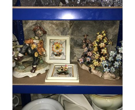 Capodimonte elderly chap drunk on a bench figure, Flower display and two framed flowers. 
