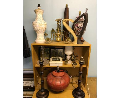 Three shelves of collectable odds to include; table lamps, ships decanter, light fittings &amp; figure 