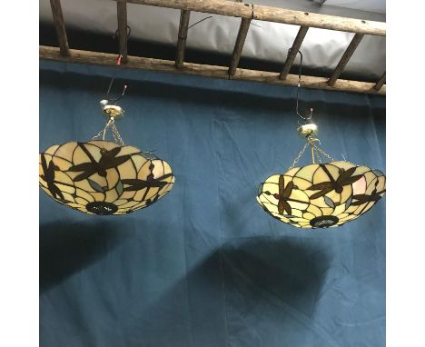 A Pair of vintage Tiffany style dragon fly design ceiling light shades. Measures 46cm in diameter 