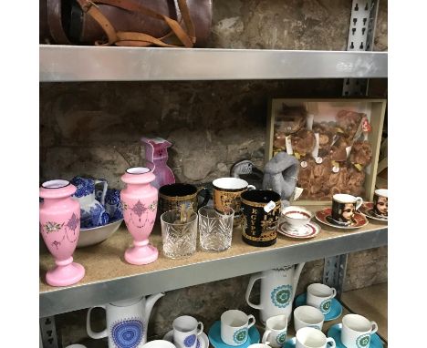 A Shelf of collectable odds to include Victorian hand painted bohemian vases, Royal Worcester flat mates dog figure, FIFA 200