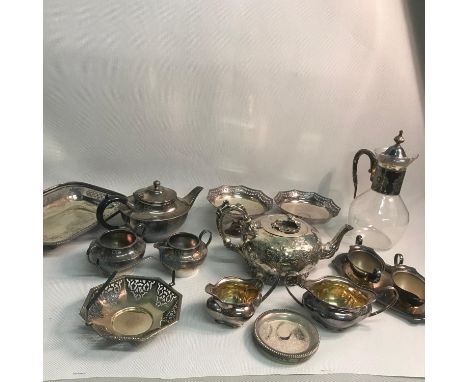 A Lot of Silver plated and E.P Wares to include Tea service, Victorian ornate tea pot, sugar &amp; creams, Wine jug, tazza di