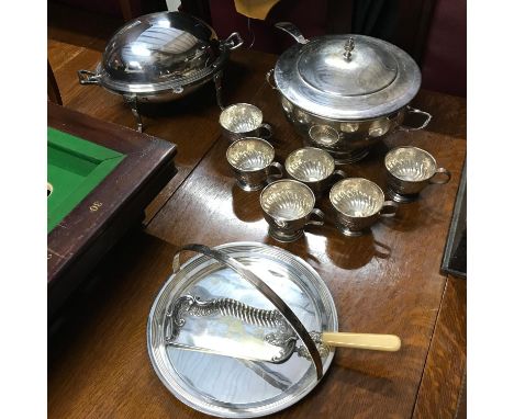 Antique E.P Punch bowl with 6 ornate cups and ladle, E.P Serving dish supported on pedestal claw feet, Swing handle serving t