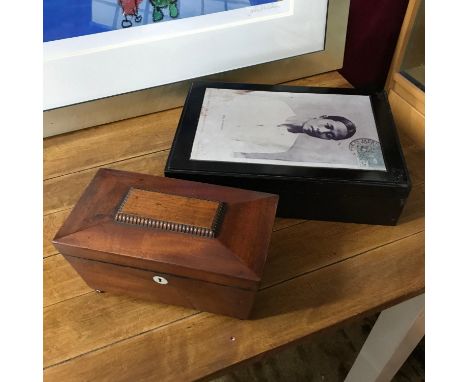 A Victorian mahogany tea caddy chest together with an antique lacquered document box designed with a reproduction photograph 