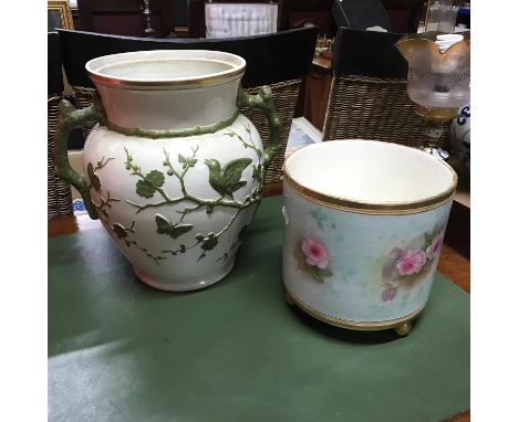 A Burslem hand painted flower design planter together with a large Royal Worcester style hand painted bird, butterfly and flo