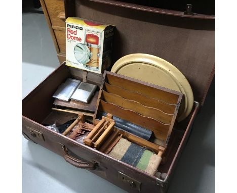 Vintage case containing collectables to include; stationary box, weaving tool &amp; 'Pifco' red dome lantern 