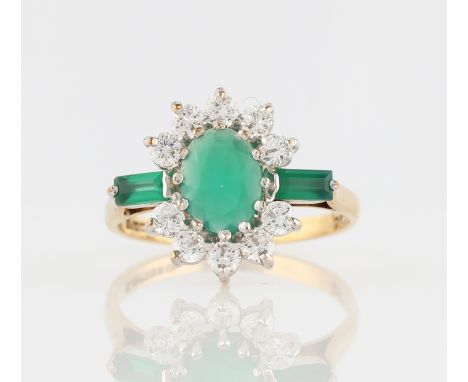 A 9ct yellow gold green chalcedony and cubic zirconia cluster ring, hallmarked Birmingham, ring size M½.