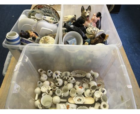 Three boxes containing Wade, Poole, Mason's, Beswick items.