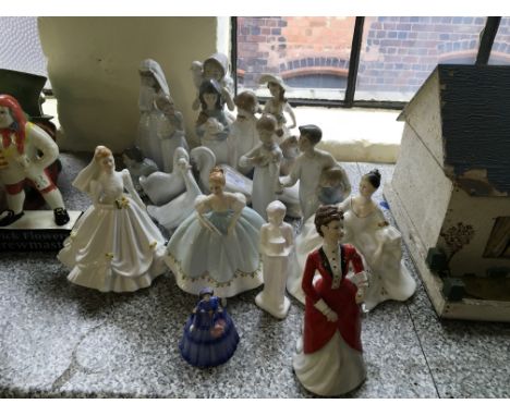 Twelve Nao china figures, two Lladro figures, four Royal Doulton figures, two Coalport figures.