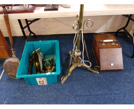 Brass standard lamp with scroll decoration, warming pan, box of assorted brass ware and an oak coal box with ceramic handle.