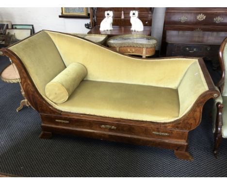 A French, mahogany, scrolled sided Chase lounge, with splayed bracket feet to base, brass fitments and velvet upholstery.