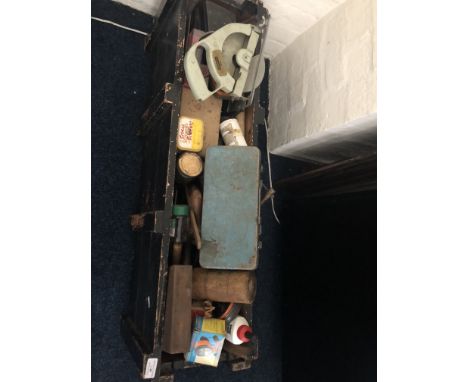 Painted wooden box containing assorted tools etc.