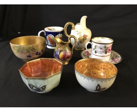 Two Wedgwood luster bowls, a Royal Worcester small jug andbowl and a collection of blue and white cups