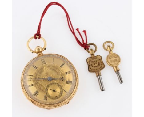 A Victorian 18ct yellow gold cased Rotherhams of London open face key wind pocket watch, the gold tone dial having hourly Rom