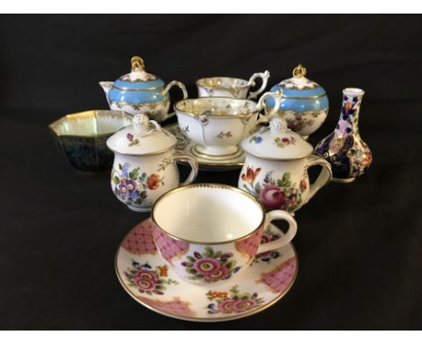 A Davenport cup and saucer with spare cup together with a Wedgewood luster vase, a Crown Derby vase, two small pots with lids