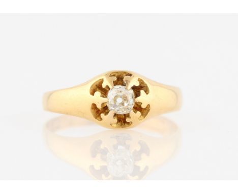 A diamond solitaire ring, set with an old cut diamond, measuring approx. 0.15ct, set in indistinctly stamped yellow metal, ri