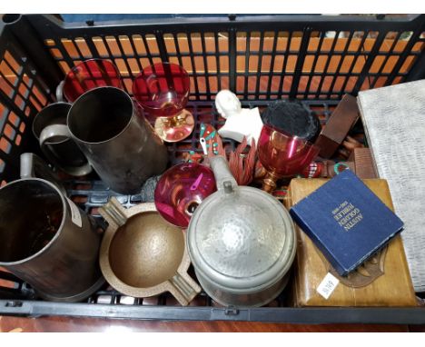 Pewter, silver bangle, other bangles with snuff box, jewellery and carved wood items etc.