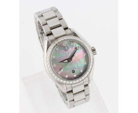 A ladies stainless steel Omega Seamaster Master Co-Axial Aqua Terra wrist watch, the mother of pearl dial having hourly eight