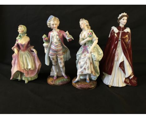 A Royal Worcester figure of the Queen, a Royal Doulton lady ‘Suzette’ HN 2026, together with two German style figures.
