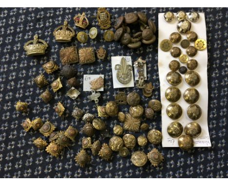A selection of various military Worcester buttons, Royal Army Medical Corps buttons, Boy Scout badges etc.