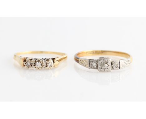 Two three stone diamond rings, both stamped 18ct, ring sizes N and Q, (2).