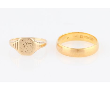 A 22ct yellow gold wedding band, hallmarked Birmingham 1929, together with a signet ring, engraved with initials to rounded s