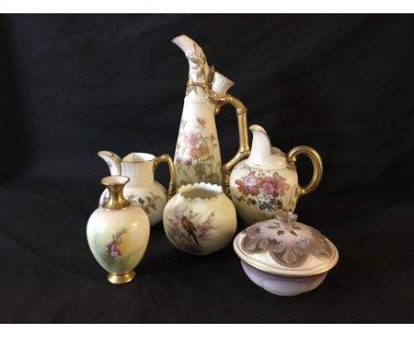 Five pieces of Royal Worcester to include three gilt handled jugs, one small vase signed A. SHUCK, together with Lock and Co.