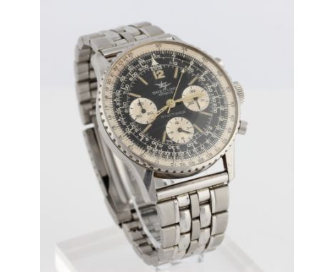 A gents 1960s Breitling Navitimer chronograph pilots wrist watch, the black dial having three subsidiary dials, reverse case 