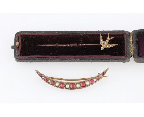 A split pearl and red paste crescent brooch, together with a seed pearl set swallow stick pin, (2).