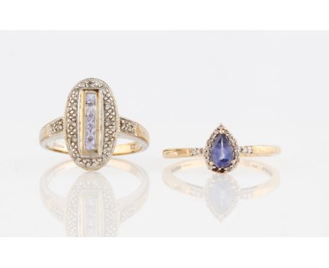 Two hallmarked 9ct gold tanzanite and diamond rings, ring sizes M and O, (2).