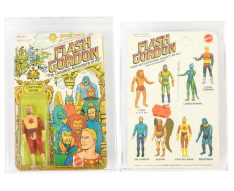 Mattel vintage Flash Gordon Captain Arak 3 3/4" figure, UKG Graded 85% Card 85 Bubble 85 Figure 80, upon un-punched 8 back ca