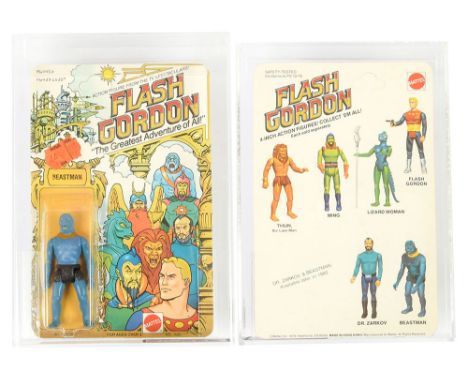 Mattel vintage Flash Gordon Beastman 3 3/4" figure, UKG Graded 85% Card 85 Bubble 85 Figure 90, upon un-punched 6 back card.