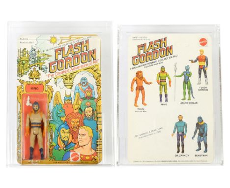 Mattel vintage Flash Gordon Ming 3 3/4" figure, AFA Graded 85 NM+ Card 85 Bubble 85 Figure 80, upon un-punched 6 back card.