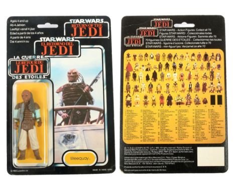Palitoy Star Wars vintage Return of the Jedi Tri-Logo Weequay 3 3/4" figure, Mint, within Near Mint bubble, upon Excellent (l