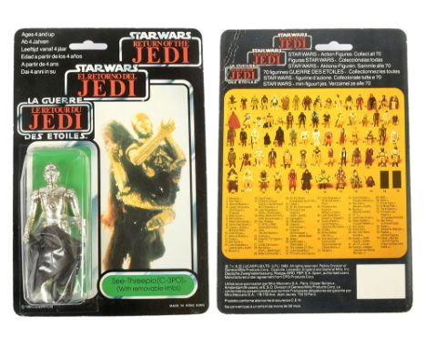 Palitoy Star Wars vintage Return of the Jedi Tri-Logo C-3PO removable limbs 3 3/4" figure, Mint, within Good (dented) bubble,