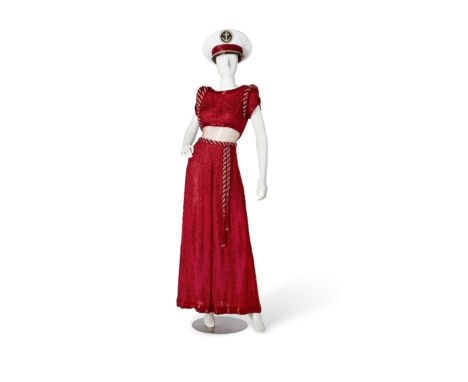 A Mitzi Gaynor costume worn in the national tour of Anything Goes, designed by Bob MackieDeep red one-piece costume with a na