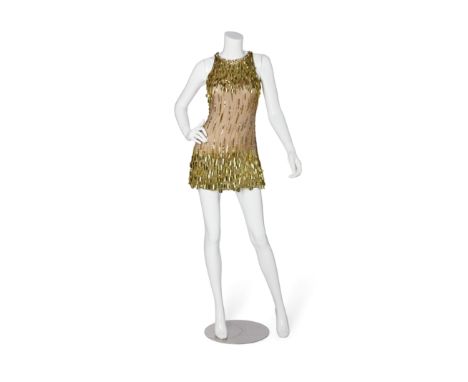 A Mitzi Gaynor stage-worn mini dress designed by Bob MackieGold sleeveless mini-dress consisting of a built-in nude leotard u