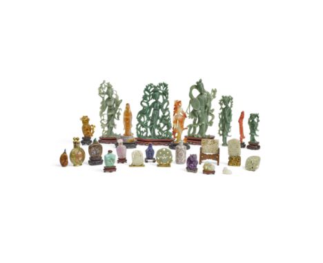 A Mitzi Gaynor group of vintage carved hardstone figures, snuff bottles, and other decorative piecesComprising 6 jade and har
