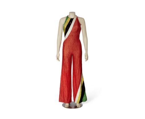 A Mitzi Gaynor pair of stage-worn jumpsuits designed by Bob MackieRed halter-style jumpsuit with asymmetrical stripes of crea