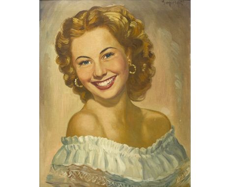 A Mitzi Gaynor portrait by Saporetti, c.1951Oil on canvas. Signed ('Saporetti'), upper right.  Overall: 22 x 18 in.; within f