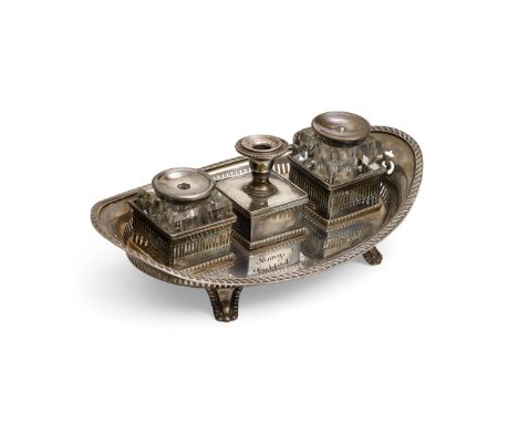 A Jesse Lasky engraved inkwell gifted to him by Mary PickfordSilver plate desk set double inkwell comprised of 2 heavy cut gl