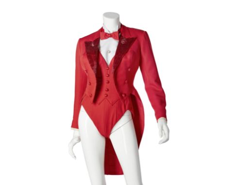 A Mitzi Gaynor top hat and tails designed by Bob MackieRed leotard designed to look like a tuxedo including a faux tuxedo shi