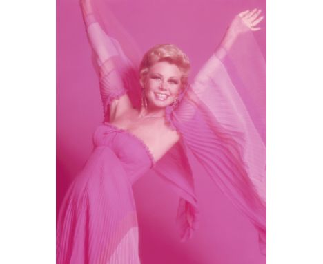 A Mitzi Gaynor stage-worn dress designed by Bob MackieCoral and pink chiffon full-length strapless gown with an empire waist 