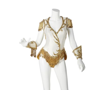 A Mitzi Gaynor pair of stage-worn beaded leotards designed by Bob MackieComprising a white leotard designed and trimmed with 