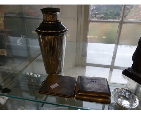 Three hallmarked silver cigarette cases two examples having engine turned decoration, also a silver-plated cocktail shaker, t