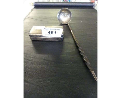 A white metal lidded snuff box together with a Georgian Scottish silver toddy ladle with turned bone handle.