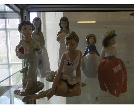 Six Nao figurines to include a seated ballerina and young boy with chamberstick.