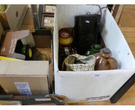 Two boxes of assorted collectable items to include stoneware flagons, model of a John Deere Model D tractor, and a quantity o